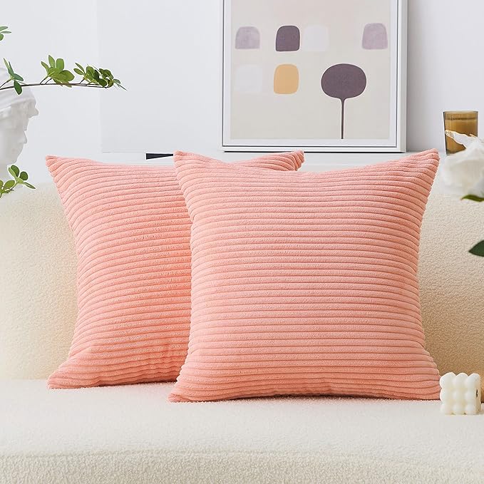 Home Brilliant Pink Pillow Covers 18x18 Set of 2 Decorative Throw Pillows Striped Velvet Corduroy Pillow Covers Set for Couch, 18 x 18 inch, Coral