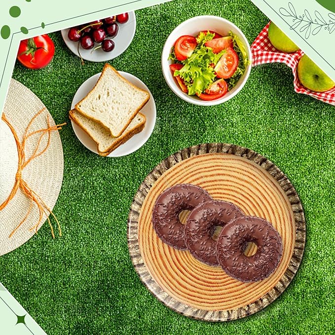 3Pcs Wood Grain Serving Tray Round Melamine Platter 10 Inch Dessert Plates for Camp-Fire Party Camping Woodland Animal Baby Shower Birthday Party Supplies