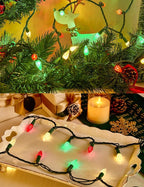 BOHON Red White and Green Christmas Lights, Faceted C6 34ft 100 LED String Lights Plug in, Extendable Green Wire Mini String Lights for Outdoor Indoor Xmas Tree Decoration Waterproof UL Certified