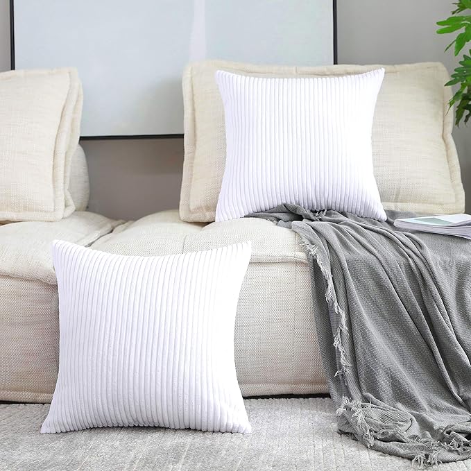 Home Brilliant Set of 2 Decor Supersoft Pillow Covers Striped Velvet Corduroy Decorative Throw Toss Cushion Cover for Sofa, 50x50 cm, 20 x 20 Inch, Pure White,