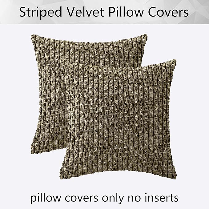 Kevin Textile Pack of 2 Corduroy Decorative Throw Pillow Covers 16x16 Inch Soft Boho Striped Pillow Covers Modern Farmhouse Home Decor for Sofa Living Room Couch Bed Olive Green