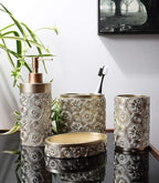 Hymmah Bathroom Accessories Set,Golden Design Toothbrush Holder,Farmhouse Bathroom Decor,4 Pcs Resin Gift Set Apartment Necessities, Contain Toothbrush Cup,Soap Dispenser,Soap Dish,Tumbler