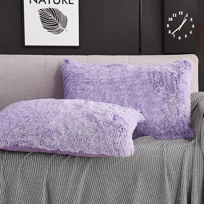 WERDIM Shaggy Fluffy Faux Fur Pillowcases 2 Pack Button Closure Velvet Pillow Shams Standard/Queen Size (Lilac, 20 X 26 Inches)