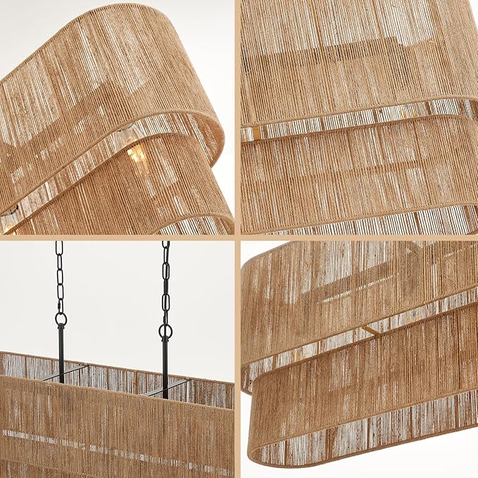 42” Boho Chandelier Coastal 2 Layers Hand Woven Rattan Pendant Light Linear Large Island Light for Dining Room Kitchen Island Living Room, UL Listed