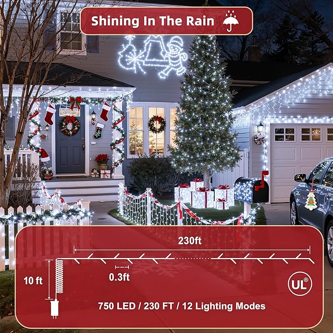 240ft Outdoor Christmas Lights, 750 LED Super Long String Lights 12 Modes & Timer Memory, Dimmable Outsite Waterproof Light Strings for Xmas Tree Garden Wedding Party Holiday Decorations Cool White