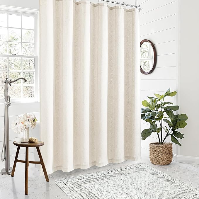 Extra Long Linen 84 Inch Shower Curtain Neutral Modern Bath Drapes Set 84 Inch Long with Hooks XLong Tall Farmhouse Boho Shower Curtains for Bathroom, Cream Ivory Birch, 72x84 Drapes