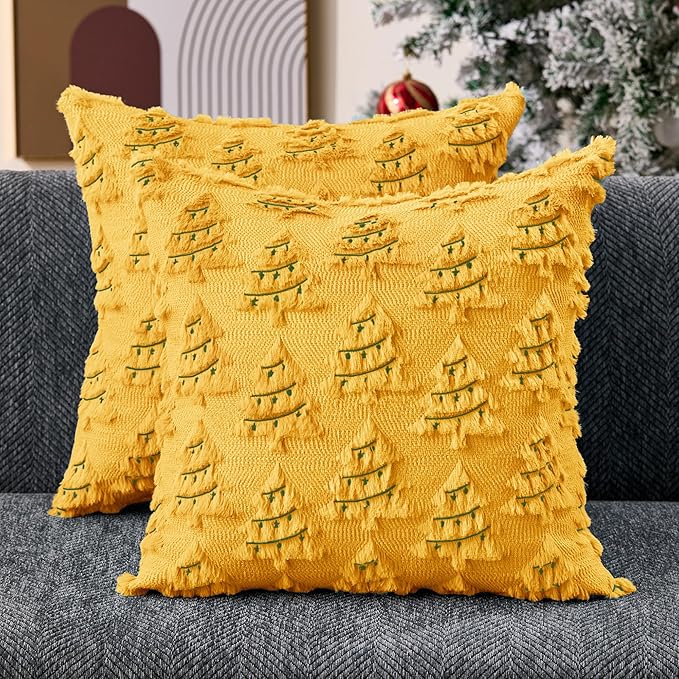 Christmas Pillow Covers 18x18 inch Set of 2 Soft Plush Faux Fur Christmas Decor Yellow Xmax Tree Green Colored Lights Decoration Throw Pillow Case for Winter Holiday Sofa Living Room PT003G18