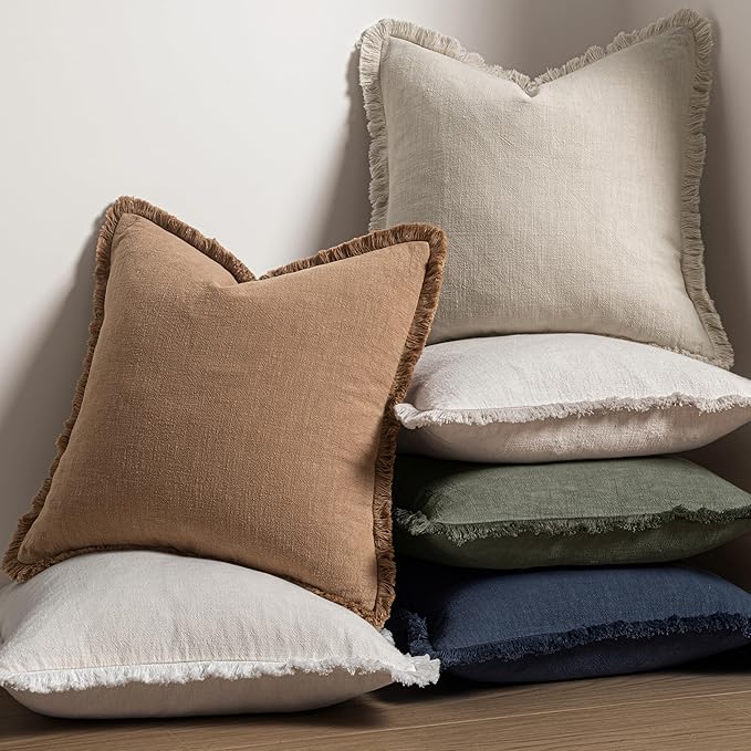 MIULEE Decorative Throw Pillow Covers Neutral Linen Fringe Throw Pillows Euro Shams Set of 2 Light Olive Green Boho Farmhouse Cushions for Couch Sofa Bed Living Room Spring Home Decor 24x24 Inch