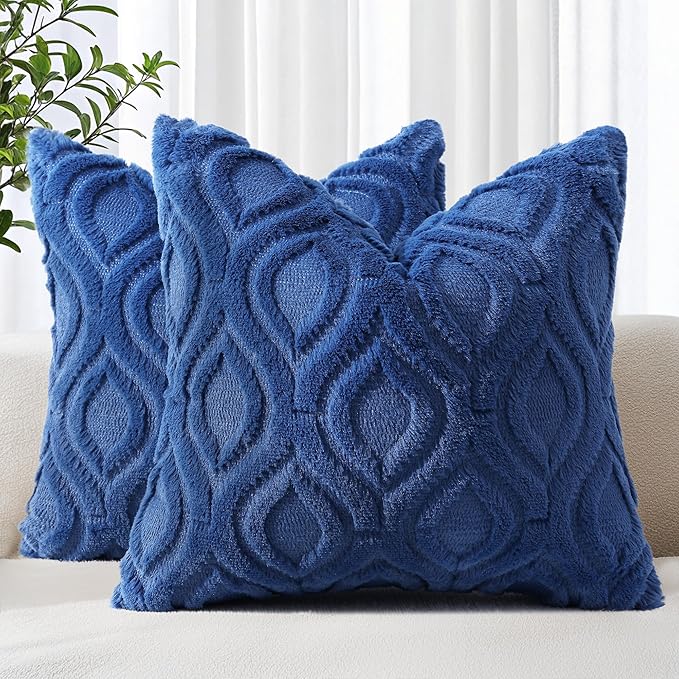 decorUhome Fall Throw Pillow Covers 18x18 Inch Set of 2, Soft Plush Decorative Faux Fur Dark Blue Solid Couch Pillow Covers, Accent Farmhouse Neutral Square Euro Pillow Cases for Sofa Bed Living Room