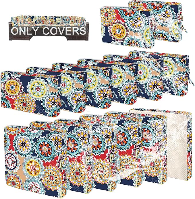 14 PCs Patio Cushion Covers for 7 PCs Outdoor Furniture Sectional Seating Sets Water Resistant Plus 2 Throw Pillows (Mandala, 23.6 * 23.6 * 3.5 in-14)