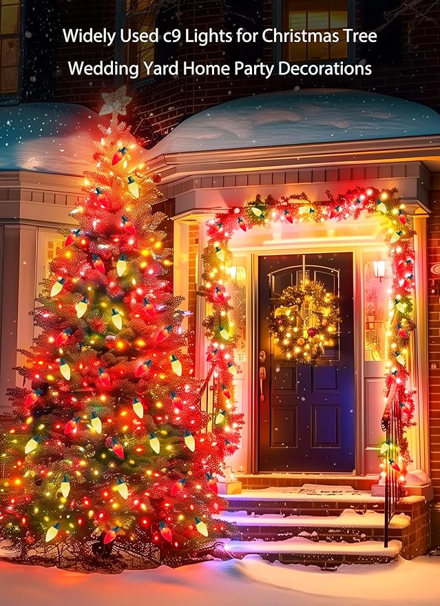 Moonflor Vintage C9 LED Christmas Lights Outdoor, 50 Feet C9 String Lights for Christmas Tree Roofline Holiday Party Indoor Outdoor Garden Patio Backyard Cafe Xmas Decor, Green Wire(Red & Warm White)