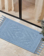 Savi Home Cotton Woven Jacquard Bathroom Rug, Woven Fringe Bathroom Mats, 100% Cotton, Non - Slip Bath Mat, Durable Thick Bath Mat 17”x30” with Fringes, Sky Blue