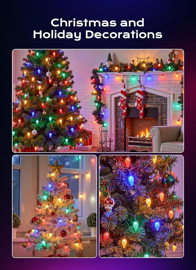 C9 Christmas Lights Outdoor, 66 FT 100 LED Connectable C9 String Lights with 8 Modes and Timer Extendable Xmas Tree Patio Roofline Garden Yard Holiday Party Indoor Outdoor Decoration, Multicolor