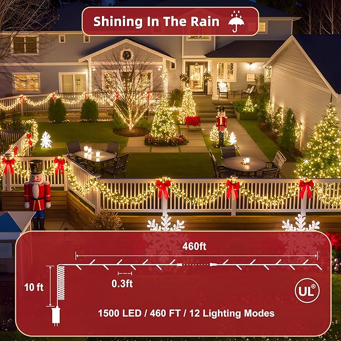 470ft Outdoor Christmas Lights, 1500 LED Super Long String Lights 12 Modes & Timer Memory, Dimmable Outsite Waterproof Light Strings for Xmas Tree Garden Wedding Party Holiday Decorations Warm White