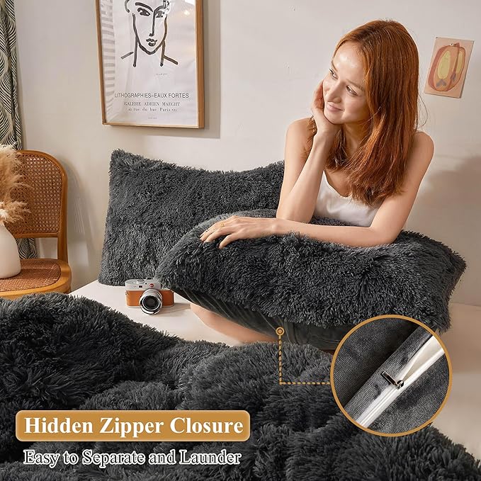 XeGe Cozy Faux Fur Throw Pillow Covers, Zippered Fluffy Cushion Covers, Shaggy Fuzzy Decorative Pillow Covers, Plush Furry Pillowcases Pack of 2 for Sofa Couch Home Decor (18''x18'', Dark Gray)