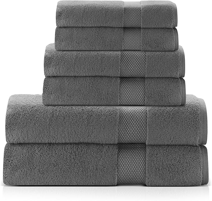 Premium Staple Cotton Bathroom Towel Set - Dark Gray 600 GSM 6-Piece Luxury Bath Towel Set 1 Stripe - 2 Bath Towels, 2 Hand Towels & 2 Washclothes Set - High Absorbent & Quick Dry for Gym, Spa, Hotel