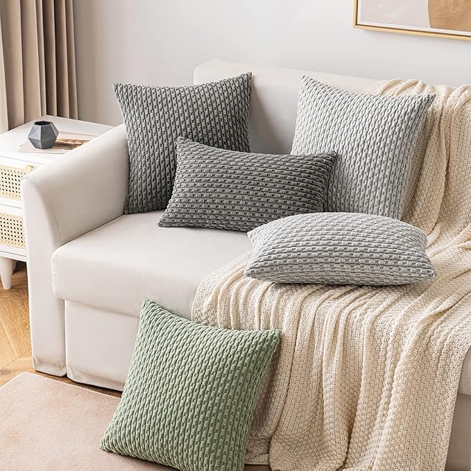 MIULEE Pack of 2 Decorative Throw Pillow Covers 18x18 Inch Soft Boho Striped Textured Corduroy Pillow Covers Modern Farmhouse Home Decor for Couch Bed Sofa Living Room Light Grey