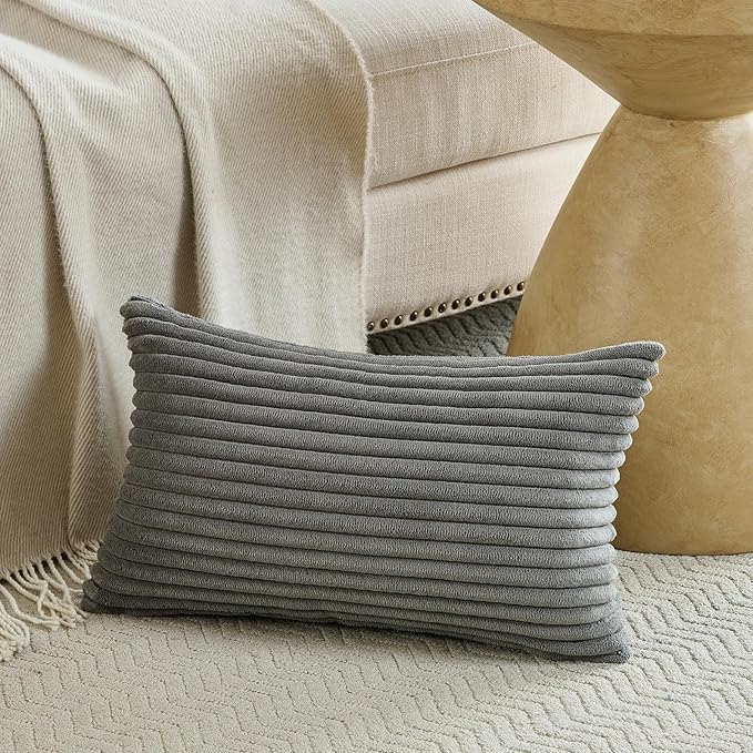Fancy Homi Set of 2 Dark Gray Boho Small Lumbar Decorative Throw Pillow Cover 12x20 Inch for Couch Bed Chair, Aesthetic Modern Bohemian Room Decor, Soft Fluffy Corduroy Rectangle Cushion Case 30x50cm