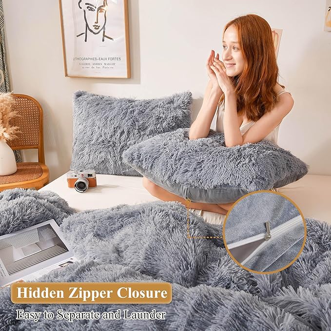 XeGe Faux Fur Throw Pillow Cases, Plush Shaggy Ultra Soft Pillow Covers, Fluffy Crystal Velvet Decorative Pillowcases, Furry Fuzzy Pillow Shams Zipper Closure, Set of 2 (Standard, Light Gray)