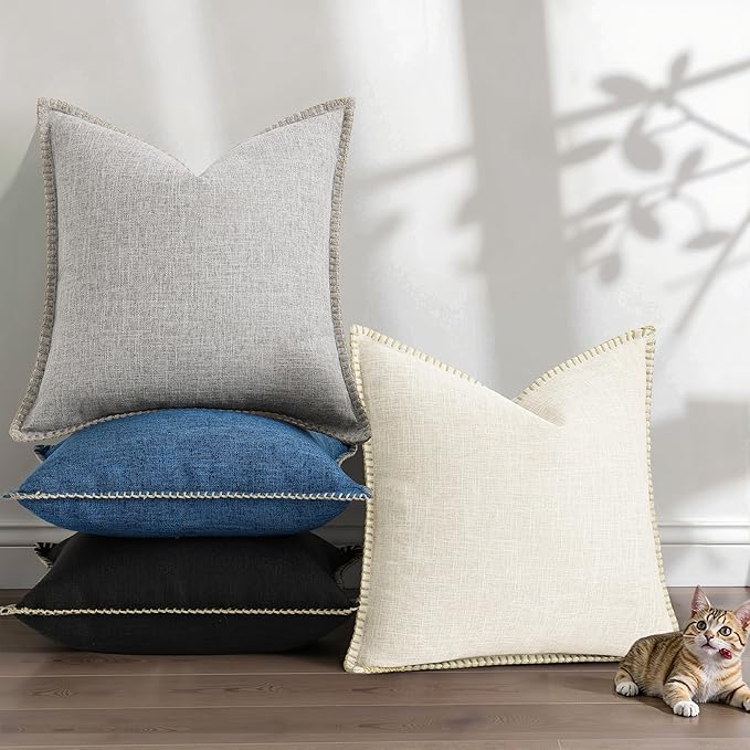 decorUhome Decorative Outdoor Throw Pillow Covers 18x18 Set of 2, Square Linen Rustic Neutral Farmhouse Euro Pillow Covers with Stitched Edge for Couch, Sofa, Living Room, Dark Blue