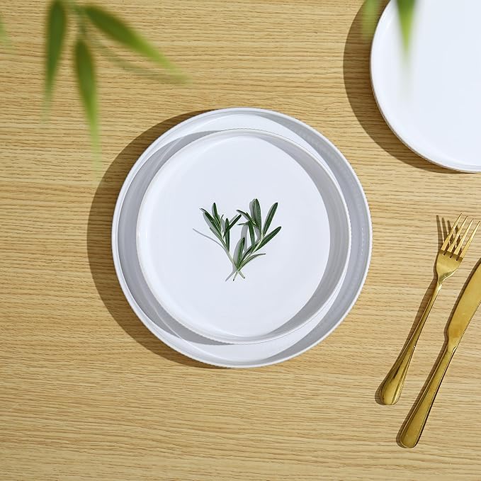 Frewinky Ceramic Dinnerware Sets for 8, Round Reactive Glaze Porcelain Plates and Bowls Sets, Scratch Resistant Modern Dishes Set, Dishwasher & Microwave Safe, Service for 8-White