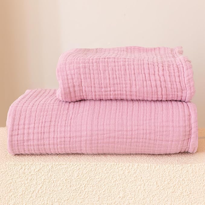 Ultra Soft Muslin Towel Adult Set, 100% Turkish Cotton 4-Layer 2 Pieces Luxury Muslin Hand & Bath Towels Sets for Bathroom (Light Pink, 1 Bath & 1 Hand Towel Set)