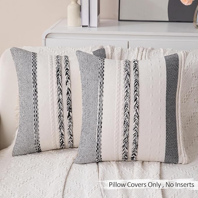 Boho Black Pillow Covers Pack of 2-18x18 Inch Decorative Farmhouse Accent Striped Boho Throw Pillows Neutral Coastal Textured Square Pillowcases for Couch Living Room Bed Sofa, Home Decor