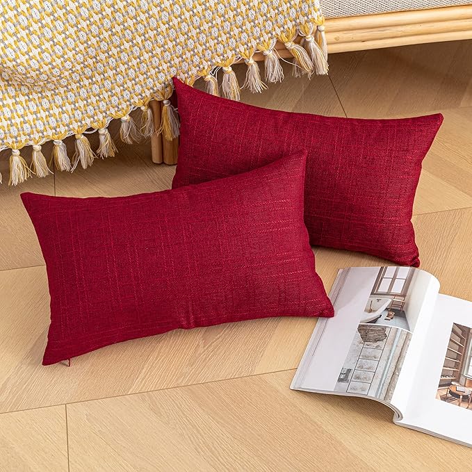 Kevin Textile Pack of 2 Outdoor Waterproof Throw Pillow Covers Decorative Square Outdoor Checkered Pillows Cushion Case Patio Pillows for Couch 12x20 inches 30x50 cm Red