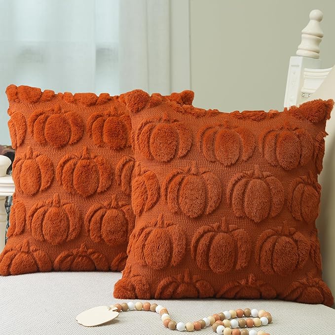 GEEORY Fall Pumpkins Soft Plush Pillow Covers, 16 x 16 Inch Set of 2, Fluffy Faux Fur Wool Decorative Farmhouse Cushion Case for Sofa Home Decoration Rust Pumpkin GC019-16