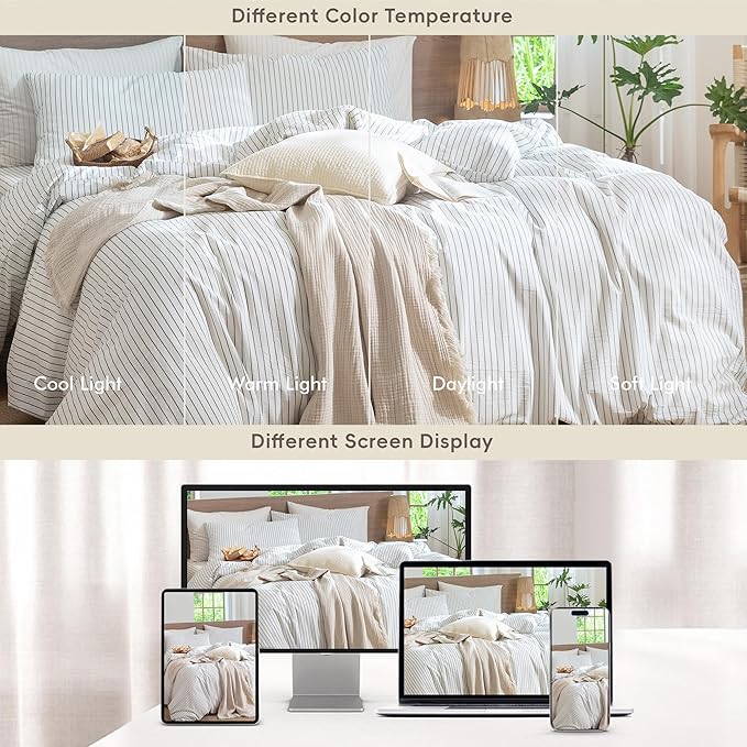 MooMee Striped Duvet Cover Set 100% Washed Cotton Linen Like Textured Breathable Durable Soft Comfy (White Heathered Green Wide Stripes, Alaska King 132"x120")