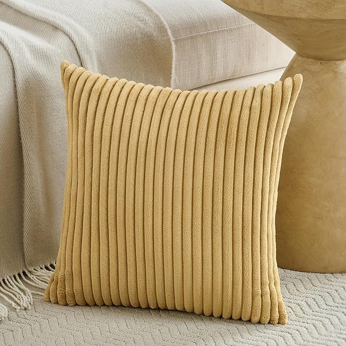 Fancy Homi Set of 2 Mustard Yellow Boho Decorative Throw Pillow Covers 24x24 Inch for Bedroom Couch Bed, Soft Fuzzy Cozy Striped Corduroy Cushion Case, Bohemian Home Decor, Bohemian Fall Home Décor