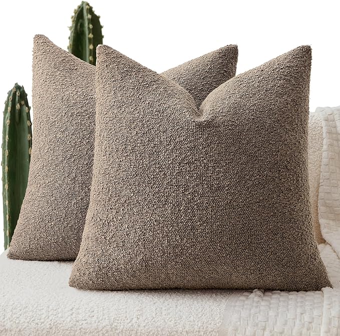 ANRODUO Pack of 2 Textured Boucle Throw Pillow Covers Soft Brown Euro Decorative Accent Solid Pillow Cases Cozy Modern Couch Cushion Case for Chair Sofa Bedroom Living Room Home Decor, 26 x 26 Inch