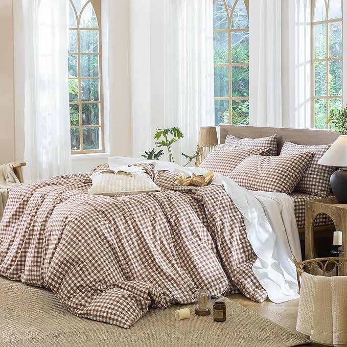 MooMee Gingham Duvet Cover Set 100% Washed Cotton Linen Like Textured Breathable Durable Soft Comfy Modern Checkered Design (Dark Orange Gingham, King 104"x90")
