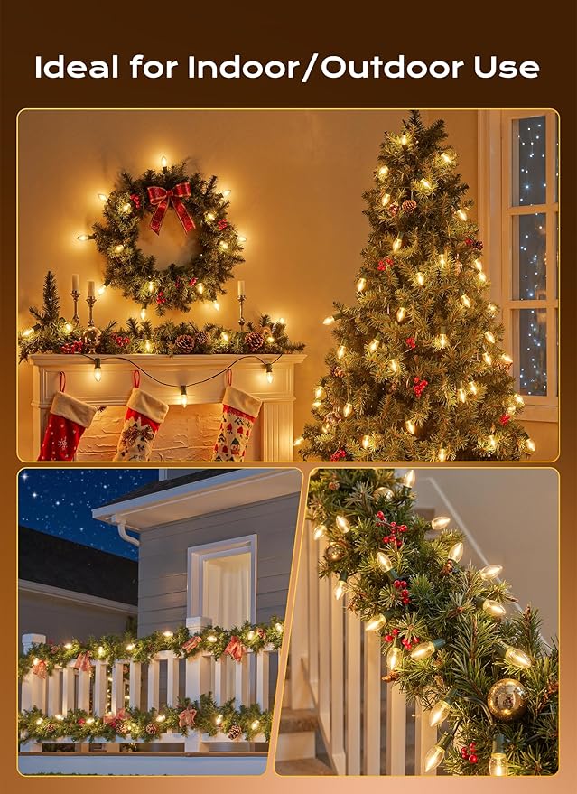 C9 Christmas Lights Outdoor, 50 FT 50 LED Vintage Warm White C9 String Lights Connectable for Christmas Tree Roofline Patio Garden Backyard Holiday Party Indoor Outdoor Decoration, Green Wire