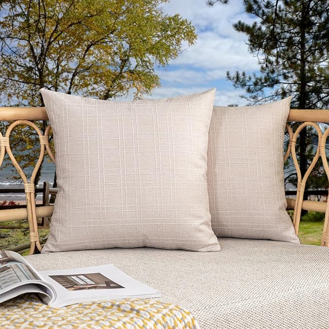 Kevin Textile Pack of 2 Decorative Outdoor Waterproof Throw Pillow Covers Checkered Pillowcases Classic Cushion Cases for Patio Couch Bench 16 x 16 Inch Light Beige