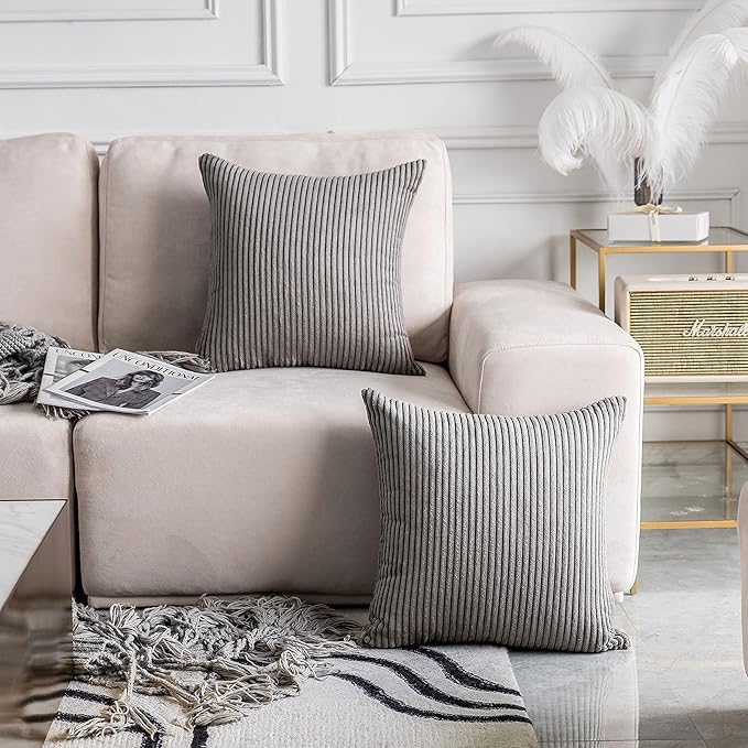 Home Brilliant Set of 2 Corduroy Throw Pillow Covers Striped Velvet 16x16 Pillow Covers Square Throw Pillow Case for Couch Chair Baby Toddler, 16 x 16 inch, Ash Grey