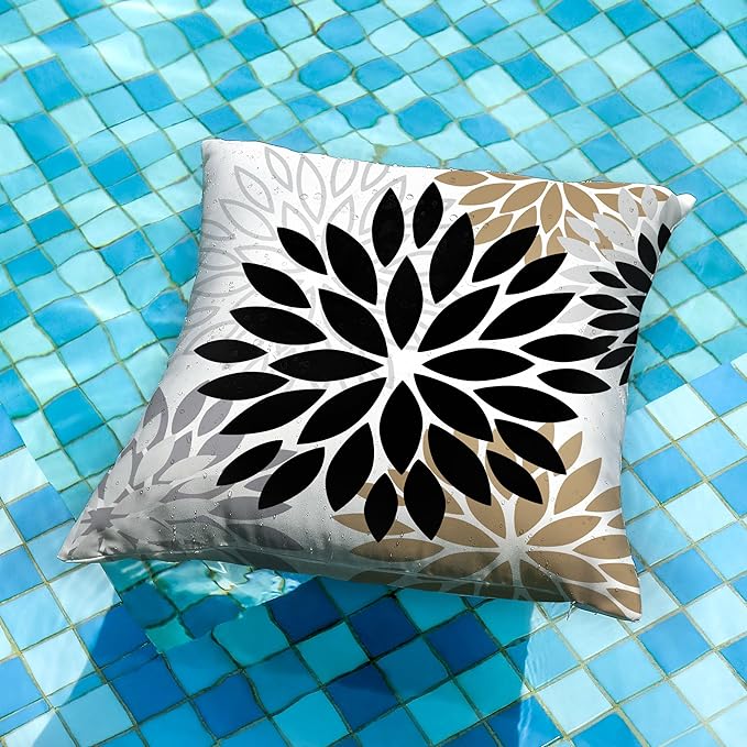 DFXSZ Black Brown Outdoor Pillow Covers 20x20 Inch Set of 2 White Gray Flower Throw Pillows Farmhouse Outdoor Modern Floral Polyester Square Cushion Case Decor for Patio Funiture Garden 002B20