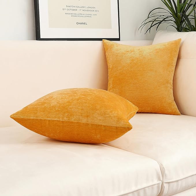 Jeneoo Gold Yellow Decorative Throw Pillow Covers Soft Chenille Comfy Solid Mustard Couch Cushion Case Decor (Set of 2, 18 x 18 Inches)