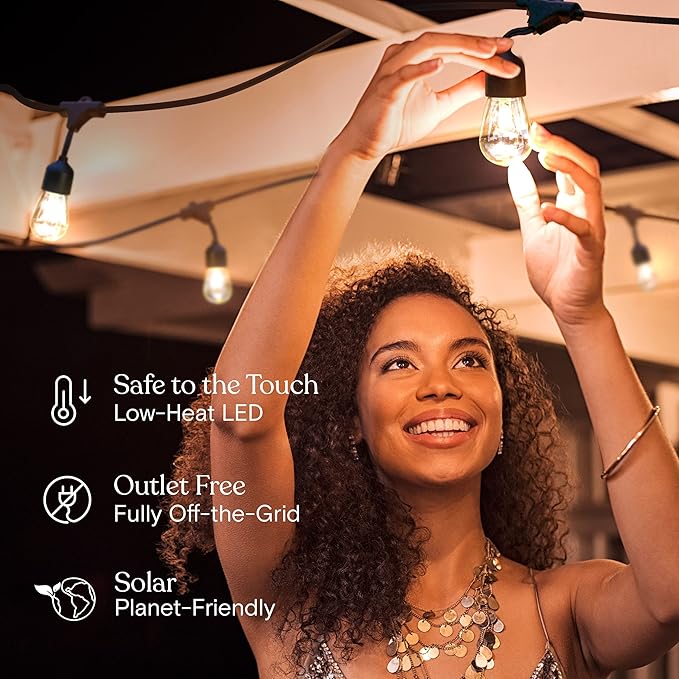 Brightech Ambience Pro - 48 Ft Waterproof, Solar Power Outdoor String Lights - 1W LED Hanging Edison Bulbs Create Bistro Ambience in Your Yard - Commercial Grade, Shatterproof - 15 Lights, Soft White