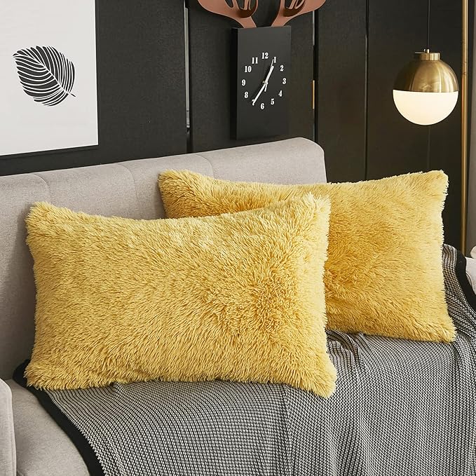 WERDIM Shaggy Faux Fur Pillowcases 2 Pack Button Closure Velvet Pillow Shams Standard/Queen Size (Yellow, 20 X 26 Inches)