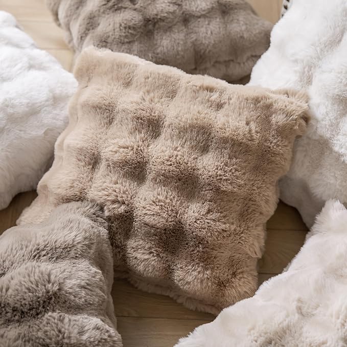 Pack of 2 Thick Plush Throw Pillow Covers Fluffy Wave Faux Fur Decorative Cushion Covers Soft Wool Pillowcase for Sofa Couch Livingroom 16x16 Inch Camel