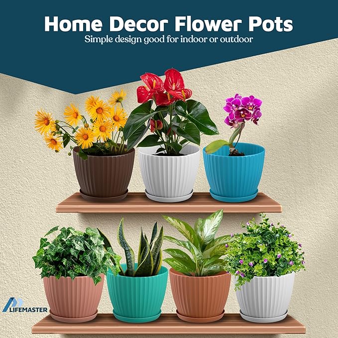 Multicolor 6-Inch Plant Pots with Drainage & Saucers 12 Pack, Indoor & Outdoor Planters for Houseplants, Herbs, and Flowers, Durable & Weatherproof Material, Stackable, Lightweight, Minimalist Design