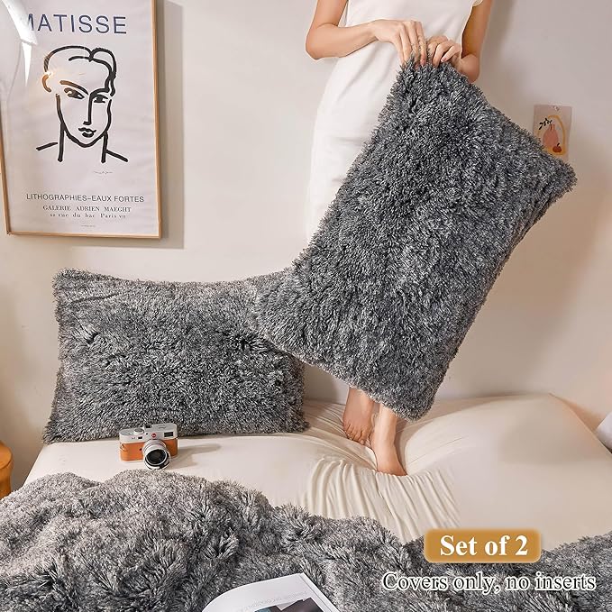 XeGe Faux Fur Throw Pillow Cases, Plush Shaggy Ultra Soft Pillow Covers, Fluffy Crystal Velvet Decorative Pillowcases, Furry Fuzzy Pillow Shams Zipper Closure, Set of 2 (King, Black Ombre)