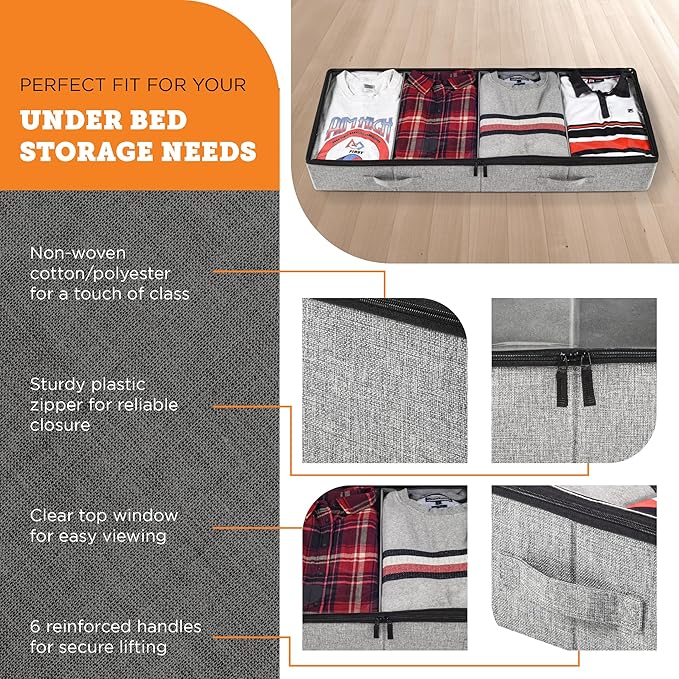 storageLAB Under Bed Storage Containers, Closet Organizers with Sturdy Handles for Clothes, Comforters, and Accessories, Use Under or at the End of the Bed - 2 Pack, Grey