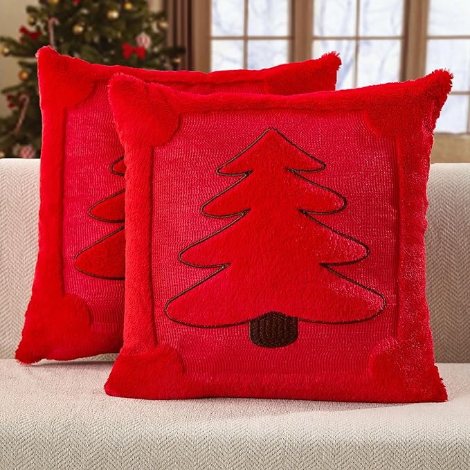 DFXSZ Christmas Pillow Covers 18x18 Red Big Christmas Tree Decoration Soft Plush Faux Fur Jacquard Throw Pillows for Bedroom Sofa Holiday Festivals Winter Home Decor PTK068B18