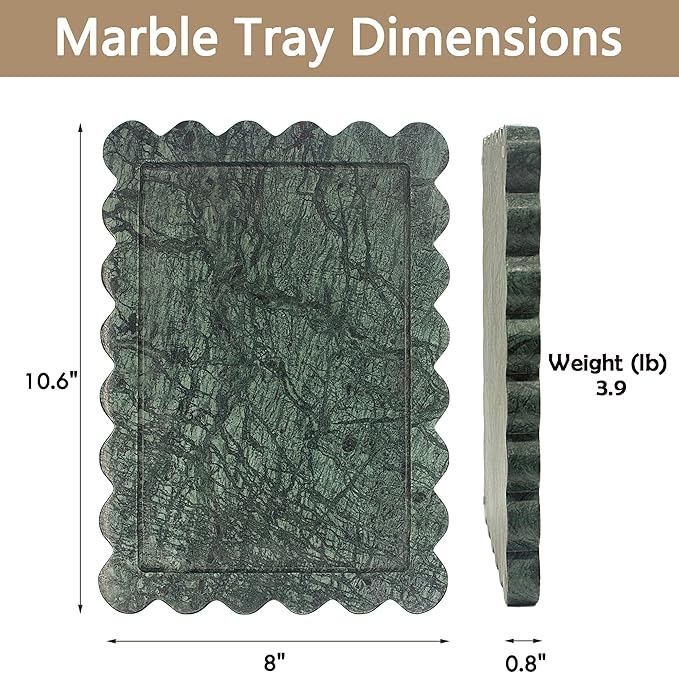 Genuine Indian Green Scalloped Marble Tray, Real Natural Marble Stone Trays, Luxury Decorative Trays for Bathroom, Dresser, Vanity, Home Decor, 10.6" x 8", Dark Emerald Green