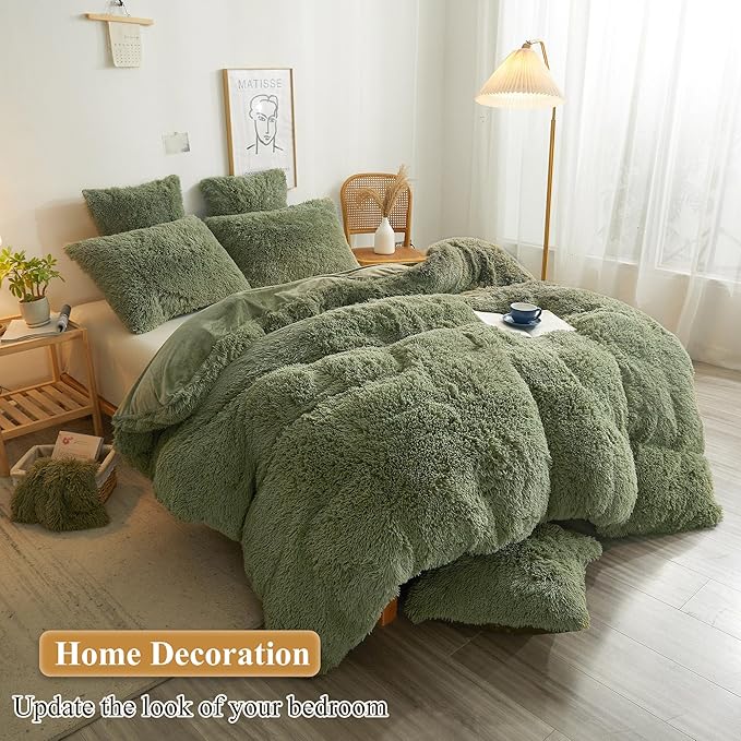 XeGe Faux Fur Fluffy Throw Pillowcases, Plush Shaggy Soft Furry Pillow Covers, Fuzzy Decorative Pillow Cases, Velvet Pillow Shams for Bed Couch Sofa Zipper Closure, Set of 2(Standard, Sage Green)