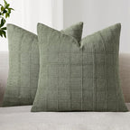 Woaboy Linen Check Throw Pillow Covers Set of 2 - Light Olive Green Farmhouse Modern Boho Vintage Christmas Decorative Cushion Covers for Sofa Couch Bedroom Living Room Decor 22x22 Inch