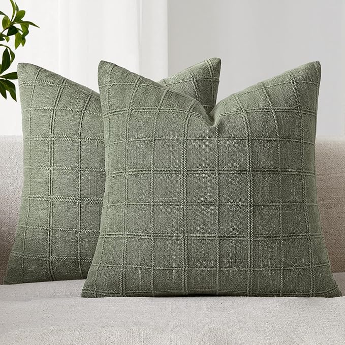 Woaboy Linen Check Throw Pillow Covers Set of 2 - Light Olive Green Farmhouse Modern Boho Vintage Christmas Decorative Cushion Covers for Sofa Couch Bedroom Living Room Decor 20x20 Inch