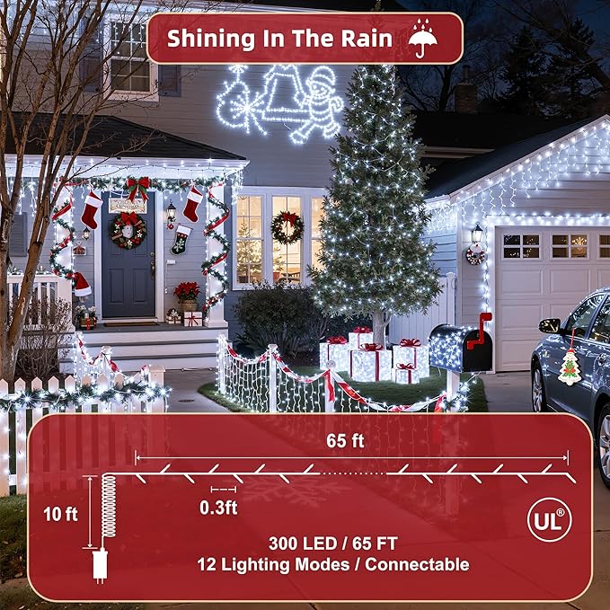 300LED 75FT Christmas Lights Indoor, LED Christmas Tree Decoration Lights with 12 Modes & Timer Memory, Dimmable Plug In Waterproof LED Xmas Light for Yard Trees Wedding Party Holiday Cool White